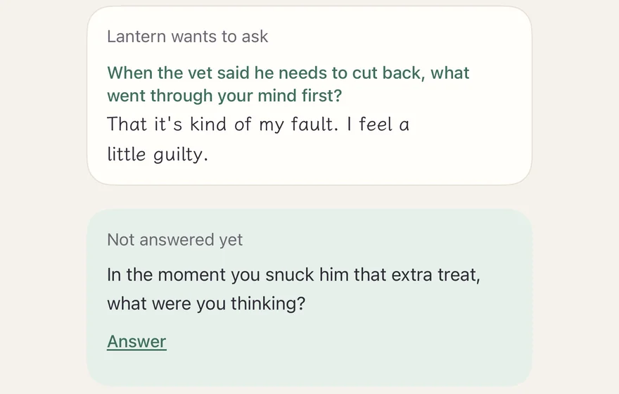 Lantern’s questions inside a single entry, with a saved answer, and below it a question under “Not answered yet”