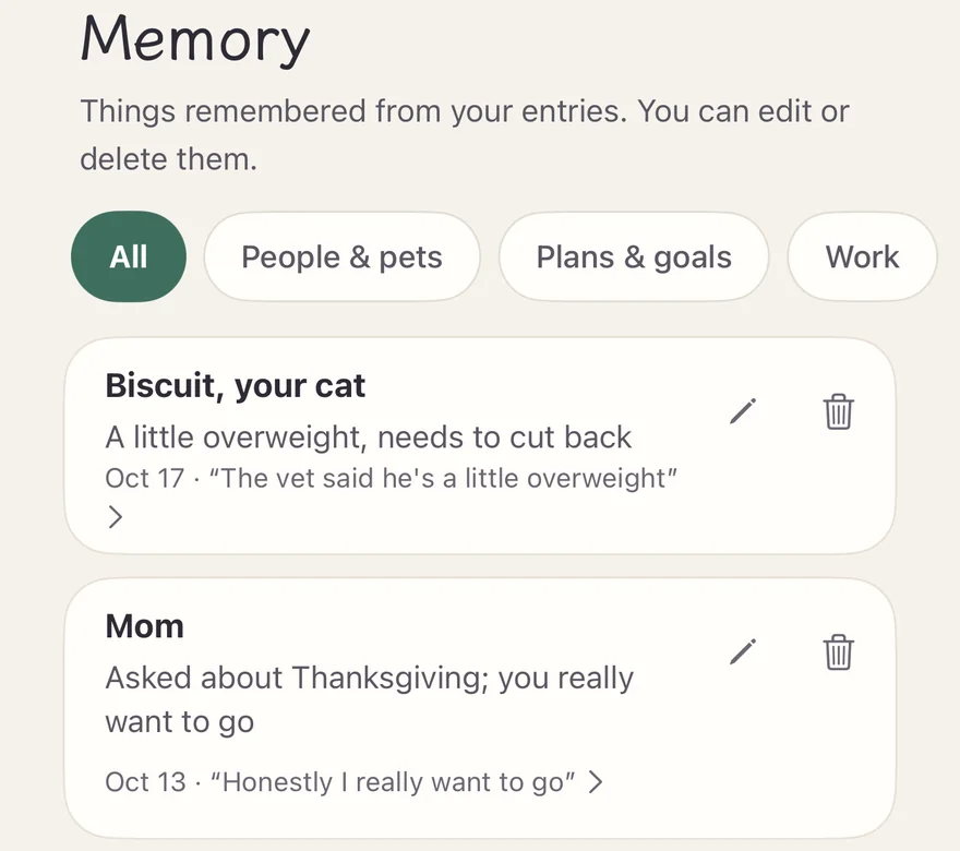 The Memory tab: a note that these are things remembered from your entries, then two memories, each with its date and the original sentence