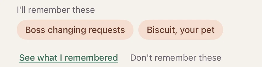 “I’ll remember these” after finishing an entry, with See what I remembered and Don’t remember these below