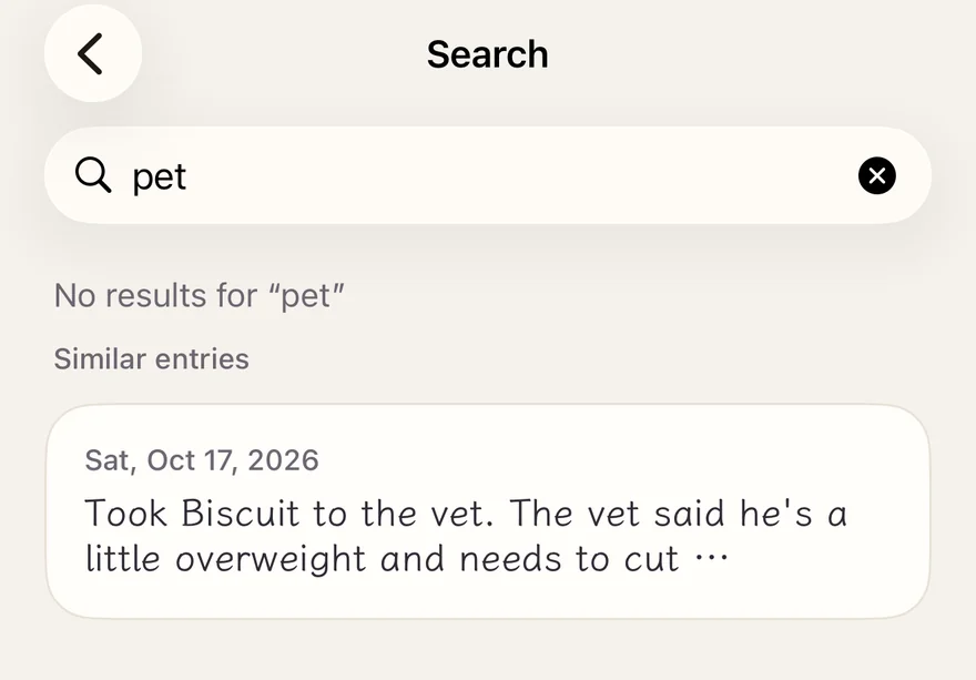 A search with no exact matches, and similar entries listed below