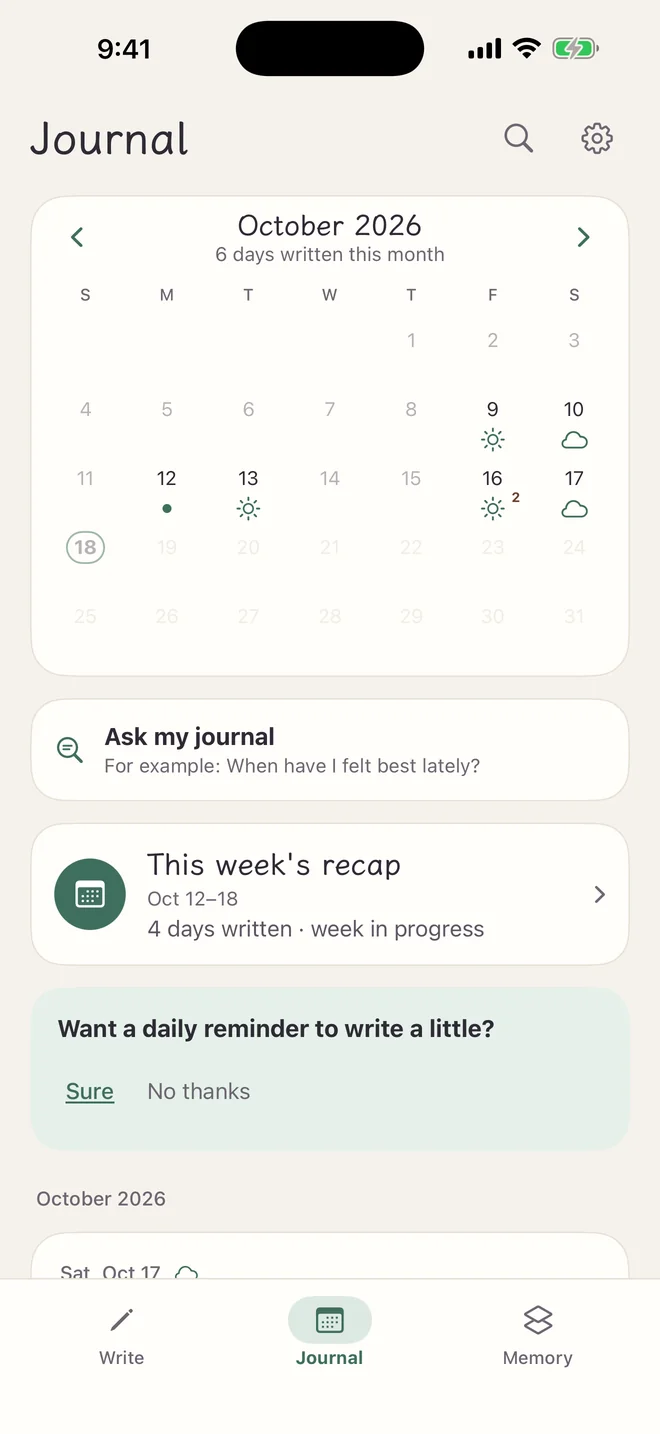 Lanternote’s Journal tab: this month’s calendar marked with the weather picked for each day, with Ask my journal, This week’s recap, and a reminder card below