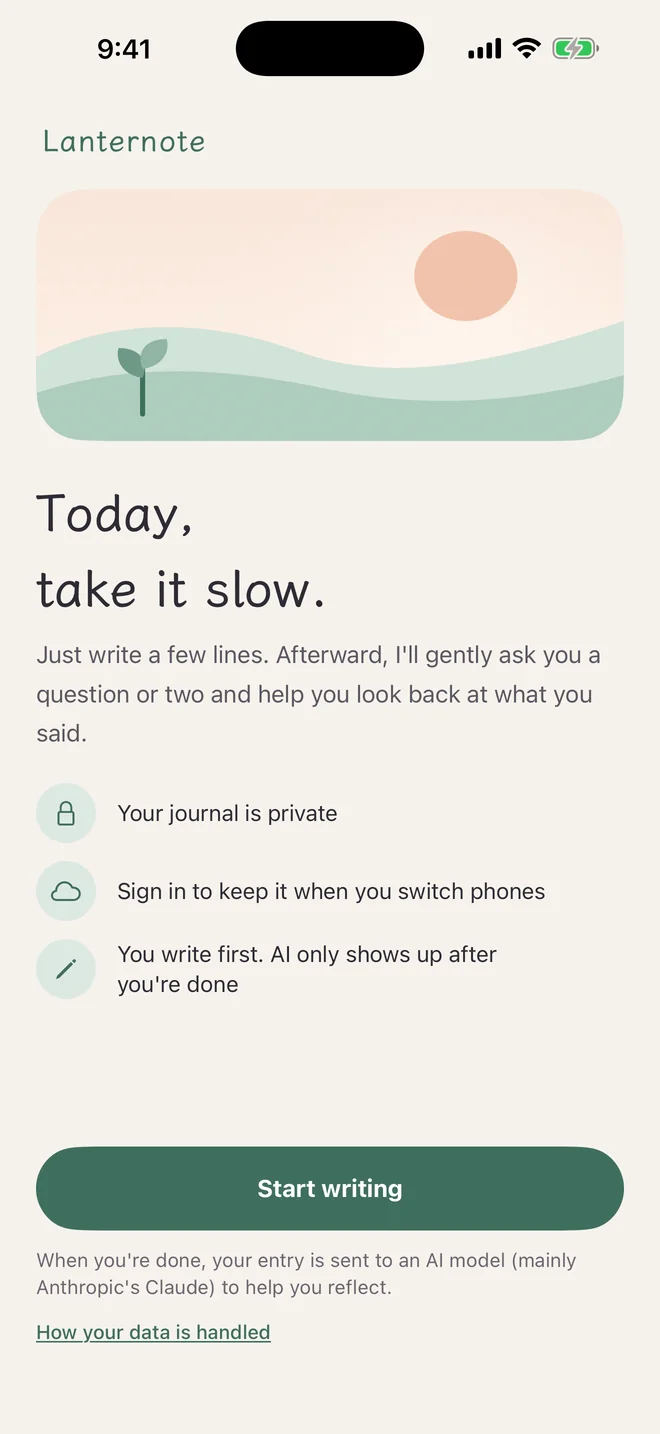 Lanternote’s welcome screen: “Today, take it slow.”, three key points, and a note that entries are sent to AI to help after you write