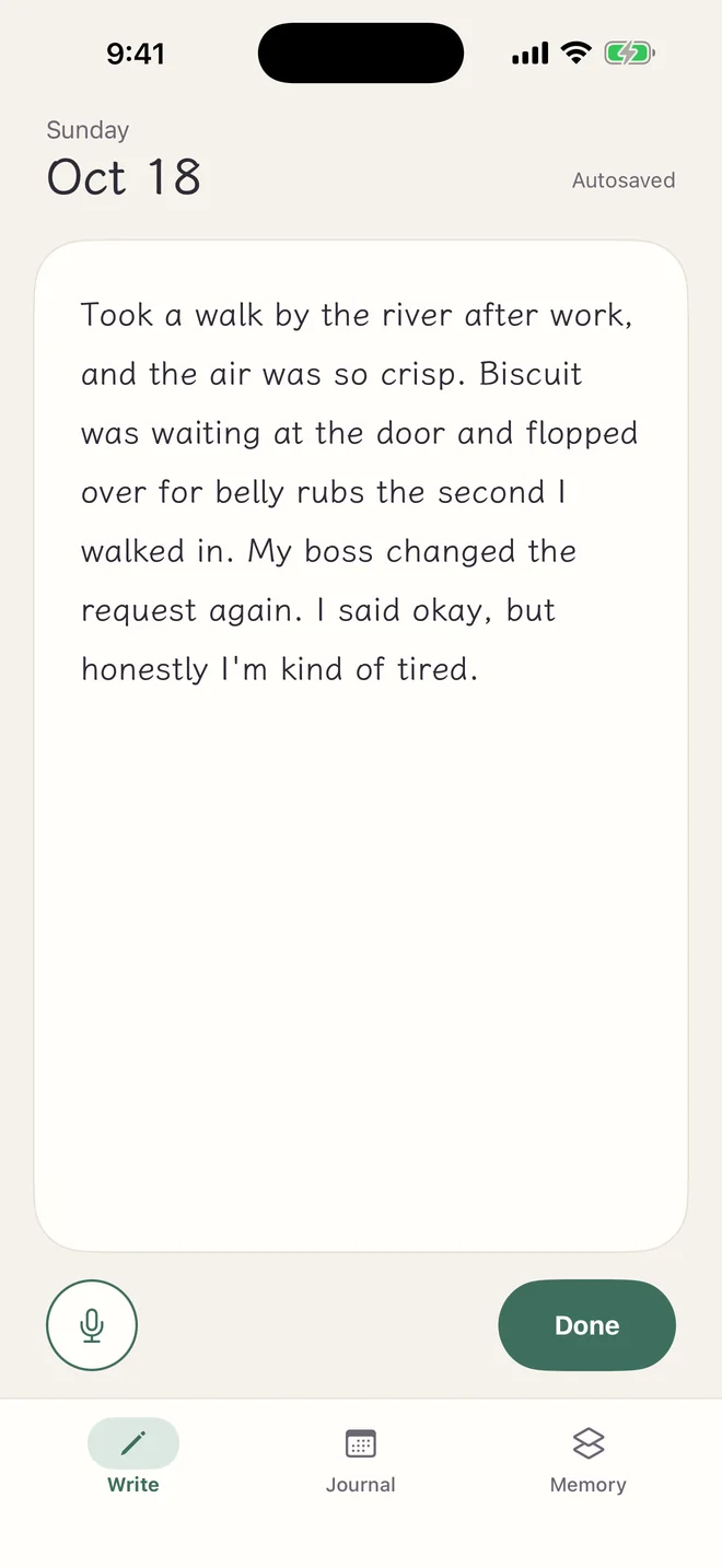 Lanternote’s writing screen: a sample entry about taking a walk by the river after work, “Autosaved” in the top-right corner, and the Dictate and Done buttons below