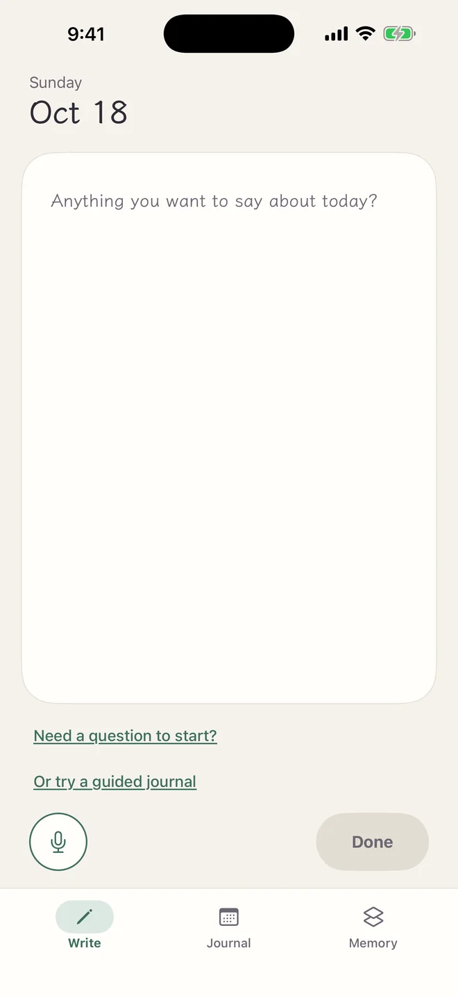 Lanternote’s writing screen: a blank page that says “How was your day? Write whatever comes to mind.”, with Need a question to start?, Dictate, and Done below