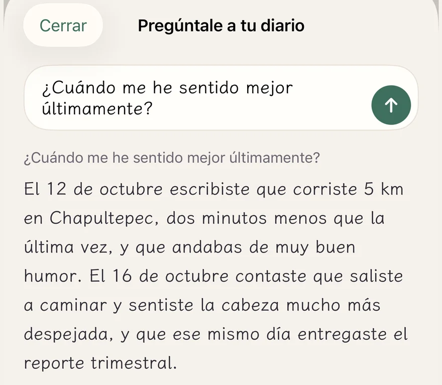 Una respuesta de Pregúntale a tu diario con frases marcadas como “De tu diario”; debajo, la nota de que solo responde con lo que escribiste y no da consejos