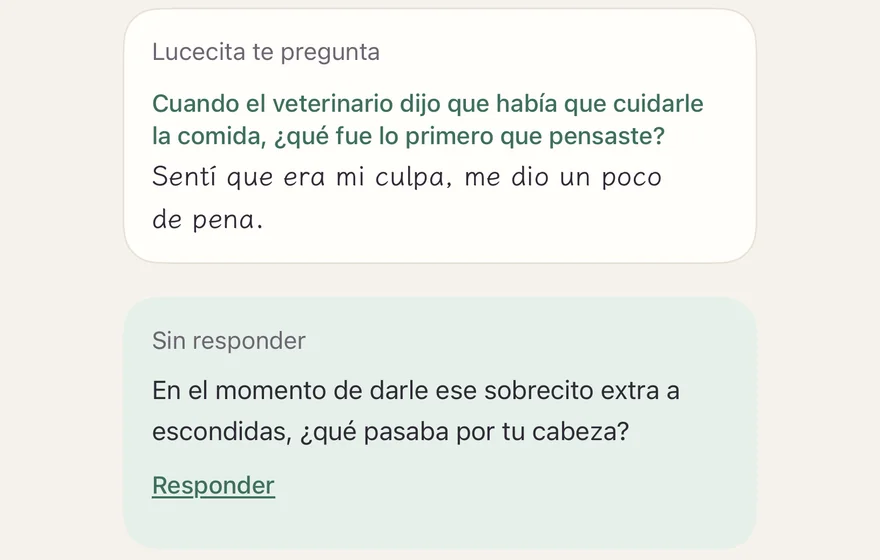 Dentro de una entrada: “Lucecita te pregunta”, con una respuesta guardada, y debajo, las preguntas “Sin responder”