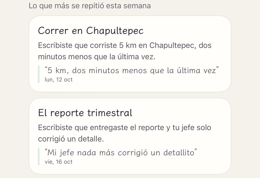 “Lo que más se repitió esta semana”, en el repaso semanal, cada punto con su frase original y su fecha