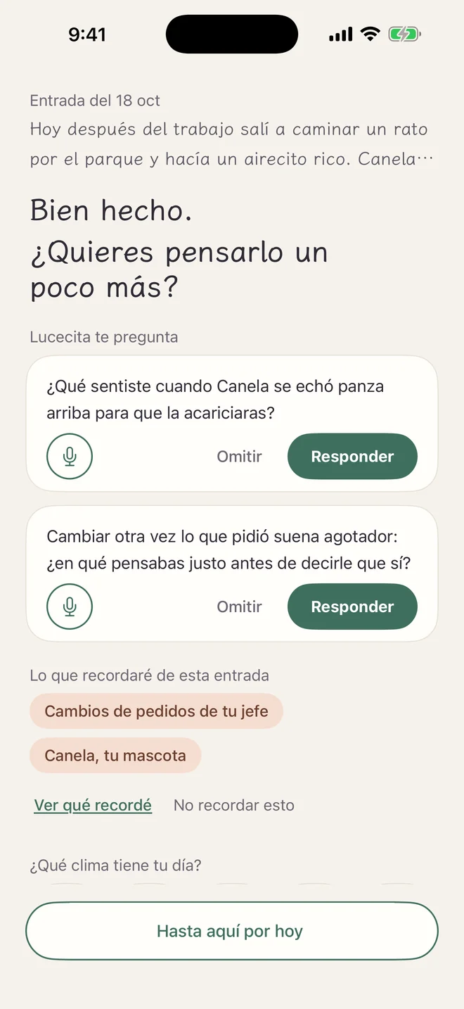 Pantalla al terminar una entrada: “Bien hecho. ¿Quieres pensarlo un poco más?”, dos preguntas de Lucecita, “Lo que recordaré de esta entrada” y “¿Qué clima tiene tu día?”
