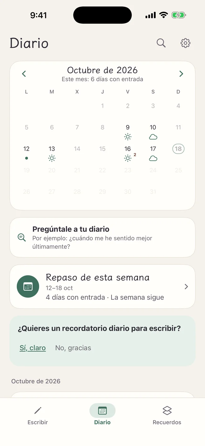 Pestaña Diario de Lucecita: el calendario del mes con el clima elegido cada día y, debajo, las tarjetas de Pregúntale a tu diario, Repaso de esta semana y recordatorios