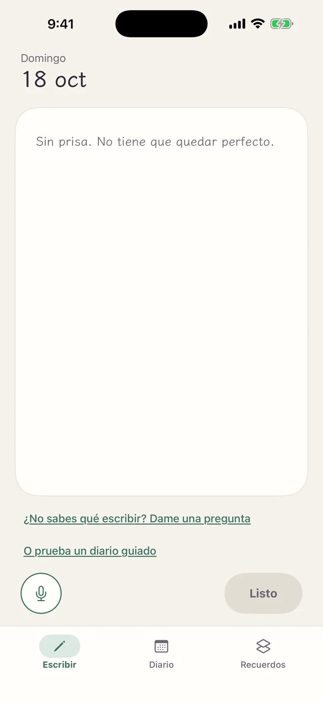 Pantalla de escritura de Lucecita: en la hoja en blanco, “¿Qué tal tu día? Escribe lo que te venga a la mente.”; debajo, “¿No sabes qué escribir? Dame una pregunta”, “Dictado” y “Listo”