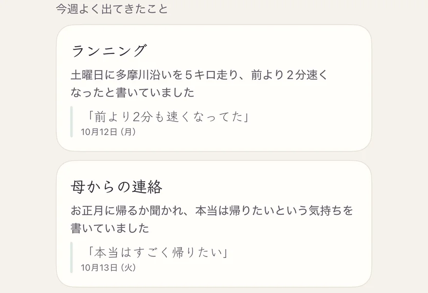 週の振り返りの「今週よく出てきたこと」。どれも日記の元の一文と日付つき