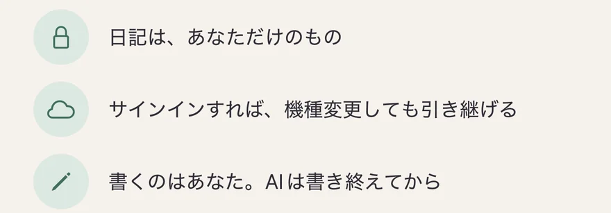 ウェルカム画面の3つのポイント:日記は、あなただけのもの/サインインすれば、機種変更しても引き継げる/書くのはあなた。AIは書き終えてから