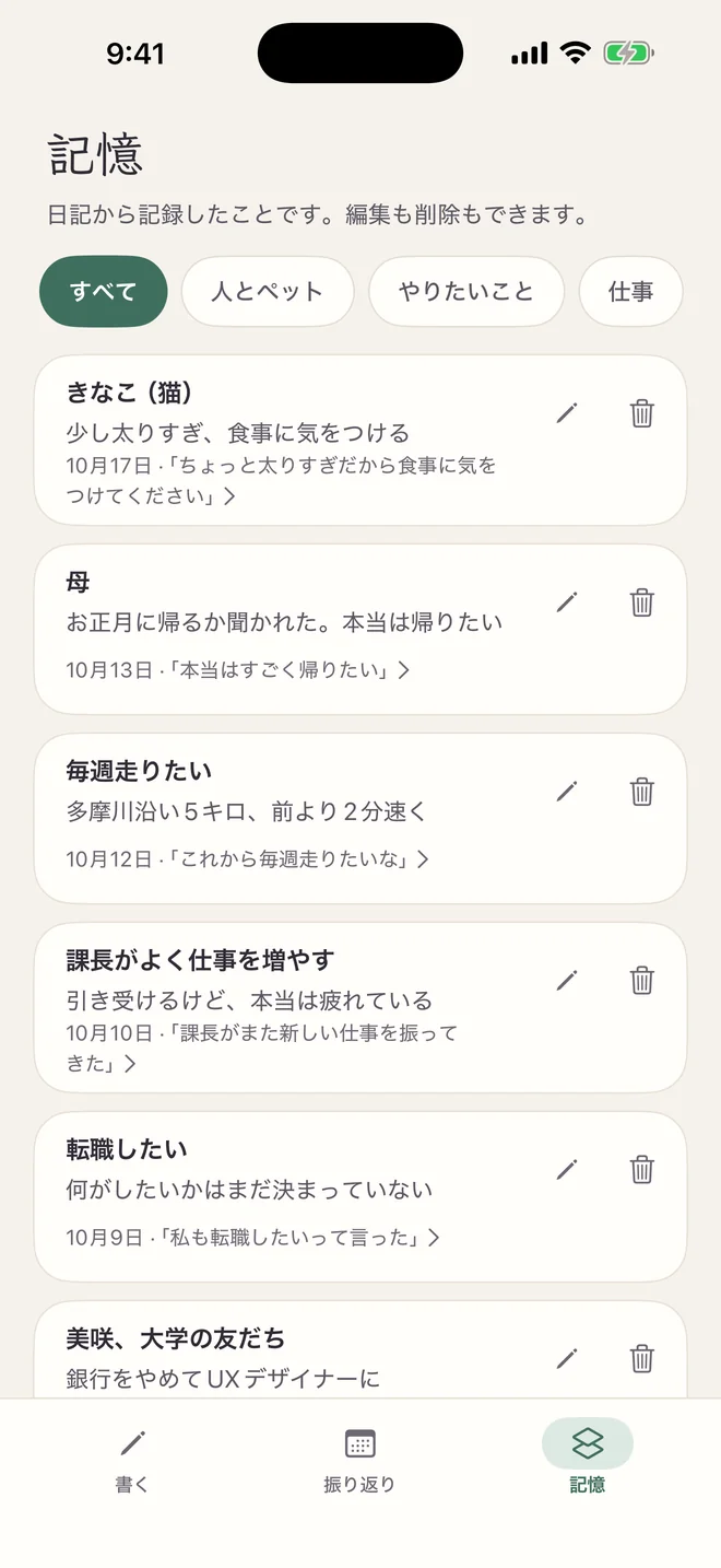 ほのあかり日記の記憶ページ:記録したことそれぞれに日付と日記の元の一文が添えられ、横のボタンで編集や削除ができる